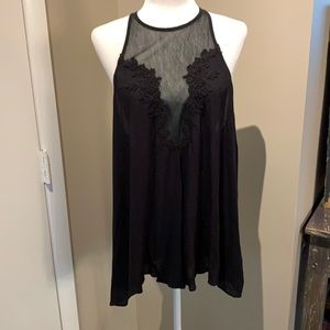 Black draped romper with lace details